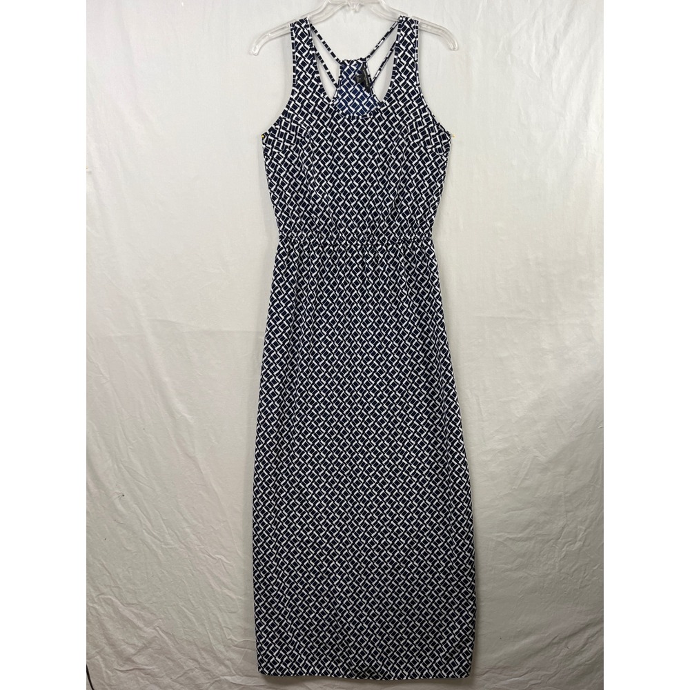 Banana Republic Maxi Dress Womens 2 Navy Blue Geometric Strappy Racerback Summer